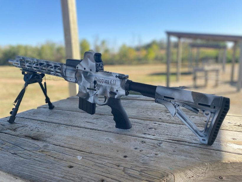Custom rifle on the bench at the range